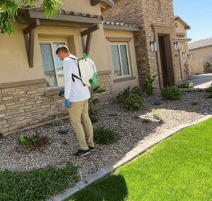 Man spraying outside a house.
